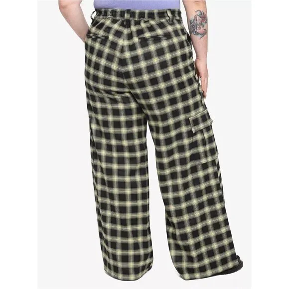 Hot Topic Yellow Black Plaid Wide Leg Cargo Pants Punk Goth Retro Y2K